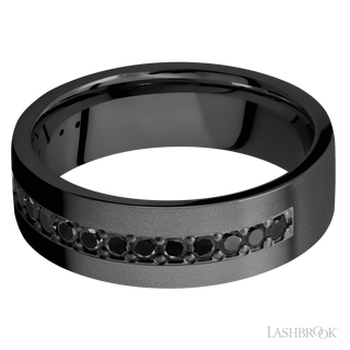 7 mm wide/Flat/Zirconium band with a Half Eternity arrangement of .03 carat Round Black Diamond stones in a Bead setting.