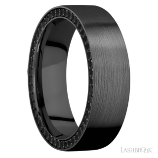 7 mm wide/Flat/Zirconium band with a Side Eternity arrangement of .01 carat Round Black Diamond stones in a Bead setting.