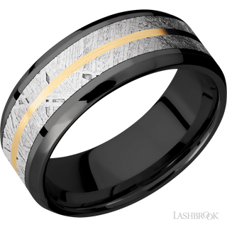 8 mm wide/Beveled/Zirconium band featuring inlays of Meteorite and 14K Yellow Gold.