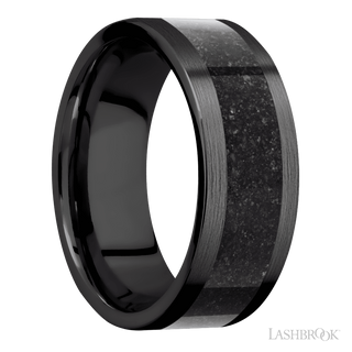 8 mm wide/Flat/Zirconium band with one 5 mm Centered inlay of Dinosaur Bone Black.