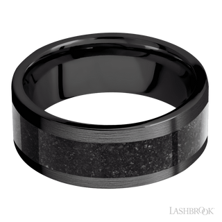 8 mm wide/Flat/Zirconium band with one 5 mm Centered inlay of Dinosaur Bone Black.