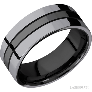 8 mm wide/Flat/Zirconium band with two 3 mm Double Off Center Edge inlays of Tantalum.