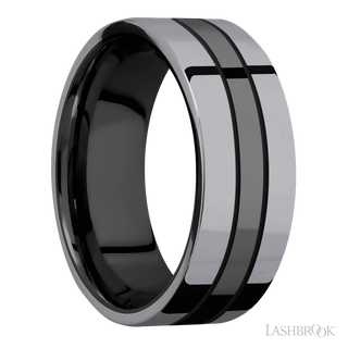 8 mm wide/Flat/Zirconium band with two 3 mm Double Off Center Edge inlays of Tantalum.