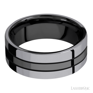 8 mm wide/Flat/Zirconium band with two 3 mm Double Off Center Edge inlays of Tantalum.