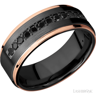 8 mm wide/Flat Grooved Edges/Zirconium band with a Half Eternity arrangement of .03 carat Round Black Diamond stones in a Bead setting and featuring two 1 mm Edge inlays of 14K Rose Gold