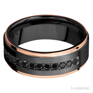 8 mm wide/Flat Grooved Edges/Zirconium band with a Half Eternity arrangement of .03 carat Round Black Diamond stones in a Bead setting and featuring two 1 mm Edge inlays of 14K Rose Gold