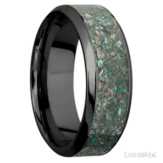 8 mm wide/High Bevel/Zirconium band with one 5 mm Centered inlay of Ocean Jasper.