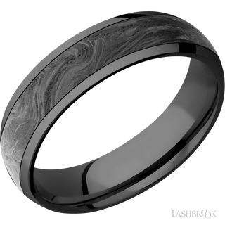 6 mm wide/Domed/Zirconium band with one 4 mm Centered inlay of Forged Carbon Fiber.