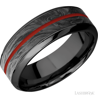 8 mm wide/High Bevel/Zirconium band featuring inlays of Forged Carbon Fiber and Red Apple.