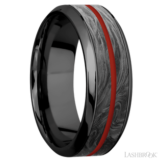 8 mm wide/High Bevel/Zirconium band featuring inlays of Forged Carbon Fiber and Red Apple.