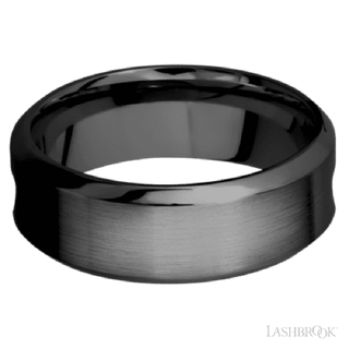 8 mm wide/High Bevel/Zirconium band featuring inlays of Forged Carbon Fiber and Red Apple.