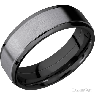 7 mm wide/Flat Grooved Edges/Zirconium band with one 5 mm Raised Centered inlay of Tantalum.