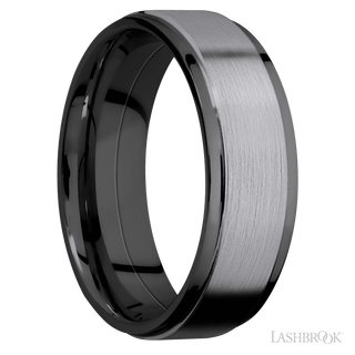 7 mm wide/Flat Grooved Edges/Zirconium band with one 5 mm Raised Centered inlay of Tantalum.