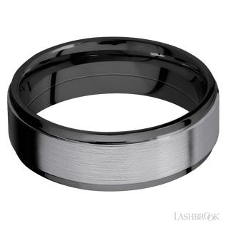 7 mm wide/Flat Grooved Edges/Zirconium band with one 5 mm Raised Centered inlay of Tantalum.