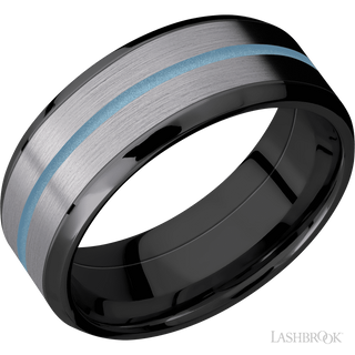8 mm wide/Beveled/Zirconium band featuring inlays of Tantalum and Polar Blue.