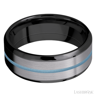 8 mm wide/Beveled/Zirconium band featuring inlays of Tantalum and Polar Blue.
