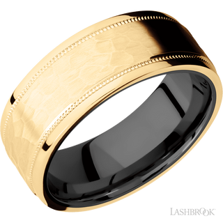 8 mm wide Flat Stepped Edges Milgrain 14K Yellow Gold band featuring a Zirconium sleeve.