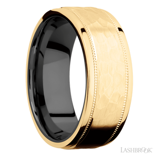 8 mm wide Flat Stepped Edges Milgrain 14K Yellow Gold band featuring a Zirconium sleeve.