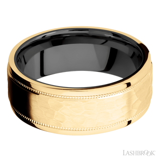 8 mm wide Flat Stepped Edges Milgrain 14K Yellow Gold band featuring a Zirconium sleeve.