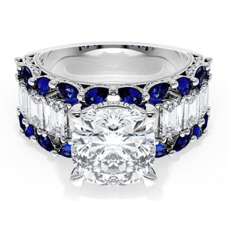 Cushion Solitaire Engagement Ring w/ Emerald & Pear Band