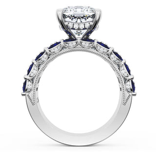 Cushion Solitaire Engagement Ring w/ Emerald & Pear Band