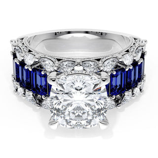 Cushion Solitaire Engagement Ring w/ Emerald & Pear Band