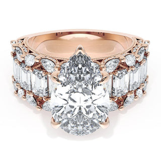 Pear Solitaire Engagement Ring w/ Emerald & Pear Band
