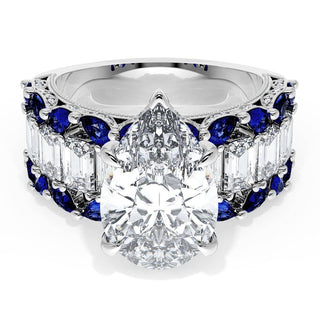 Pear Solitaire Engagement Ring w/ Emerald & Pear Band