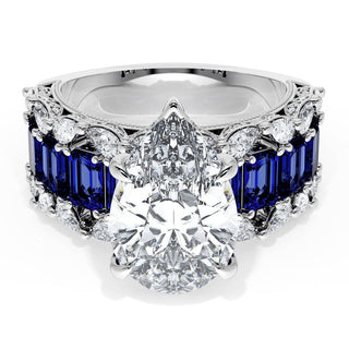 Pear Solitaire Engagement Ring w/ Emerald & Pear Band