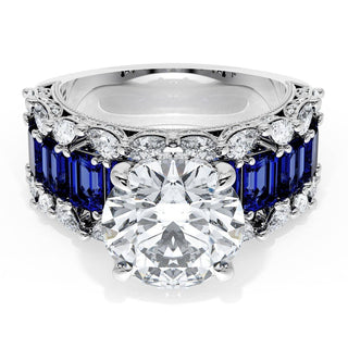 Round Solitaire Engagement Ring w/ Emerald & Pear Band