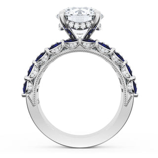 Round Solitaire Engagement Ring w/ Emerald & Pear Band