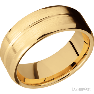 8 mm wide Beveled with Center Accent Groove 14K Yellow Gold band.