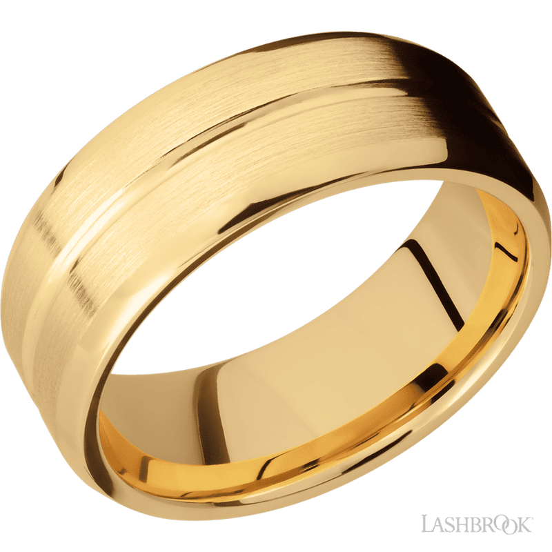 8 mm wide Beveled with Center Accent Groove 14K Yellow Gold band.