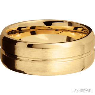 8 mm wide Beveled with Center Accent Groove 14K Yellow Gold band.