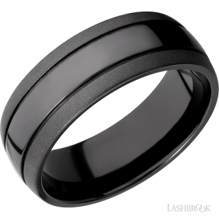 8 mm wide Domed with two accent grooves Zirconium band.