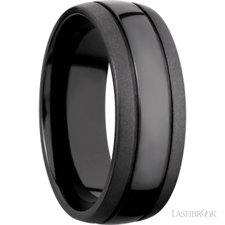 8 mm wide Domed with two accent grooves Zirconium band.