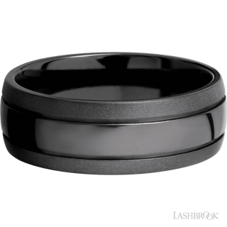 8 mm wide Domed with two accent grooves Zirconium band.