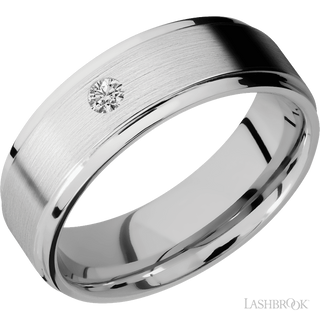 7 mm wide/Flat Grooved Edges/14K White Gold band with an  arrangement of 1, .1 carat Round Diamond stones in a Flush setting.