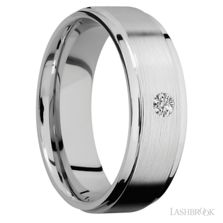 7 mm wide/Flat Grooved Edges/14K White Gold band with an  arrangement of 1, .1 carat Round Diamond stones in a Flush setting.