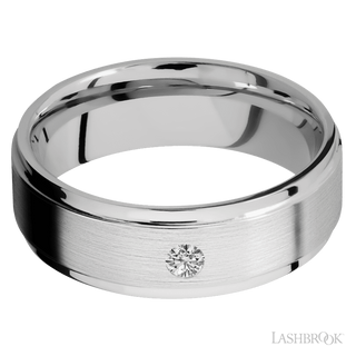 7 mm wide/Flat Grooved Edges/14K White Gold band with an  arrangement of 1, .1 carat Round Diamond stones in a Flush setting.