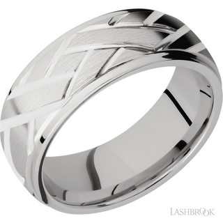 8 mm wide/Domed Stepped Down Edges/14K White Gold band with a machined Lattice pattern.
