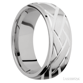 8 mm wide/Domed Stepped Down Edges/14K White Gold band with a machined Lattice pattern.