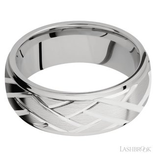 8 mm wide/Domed Stepped Down Edges/14K White Gold band with a machined Lattice pattern.