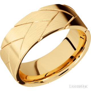 8 mm wide/Flat/14K Yellow Gold band with a machined Flatbraid pattern.