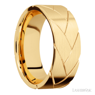 8 mm wide/Flat/14K Yellow Gold band with a machined Flatbraid pattern.