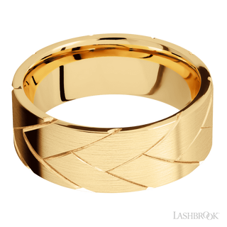 8 mm wide/Flat/14K Yellow Gold band with a machined Flatbraid pattern.