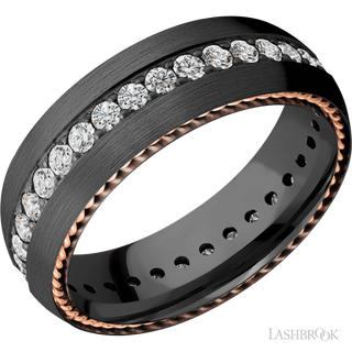 7 mm wide/Domed/Zirconium band with  two 1 mm Sidebraid inlays of 14K Rose Gold and featuring an Eternity arrangement of .03 carat Round Lab Grown Diamond stones in a Bead setting