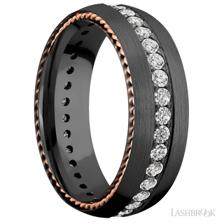 7 mm wide/Domed/Zirconium band with  two 1 mm Sidebraid inlays of 14K Rose Gold and featuring an Eternity arrangement of .03 carat Round Lab Grown Diamond stones in a Bead setting