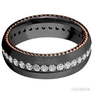 7 mm wide/Domed/Zirconium band with  two 1 mm Sidebraid inlays of 14K Rose Gold and featuring an Eternity arrangement of .03 carat Round Lab Grown Diamond stones in a Bead setting
