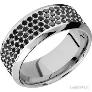 9 mm wide/High Bevel/14K White Gold band with a 4 Row Half Eternity arrangement of .015 carat Round Black Diamond stones in a Bead Channel setting.